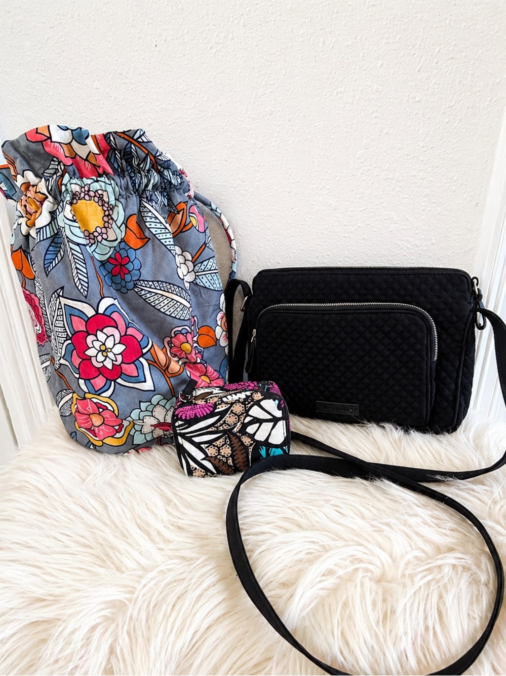 Vera Bradley Bundle Crossbody + Drawstring Bag + Cosmetic Pouch quilted floral
